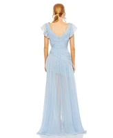 Women's Asymmetrical Ruched Gown With Flutter Sleeves