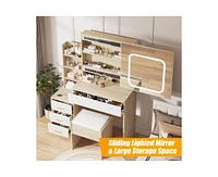 gaomon Vanity Desk with Sliding Mirror and Lights, Makeup Vanity Set with Power Outlet, 4 Drawers, Stool, Open Shelves, 3 Color Lighting Modes