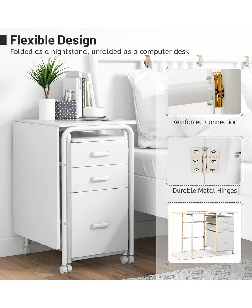 Gouun Folding Computer Desk with Wheels and 3 Drawers for Home Office and Study