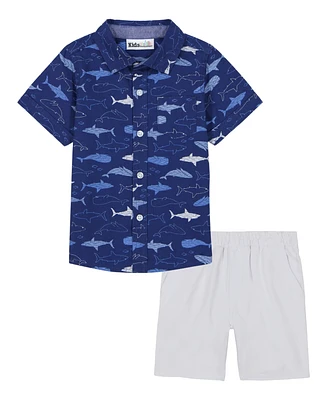 Kids Headquarters Toddler and Little Boys Short Sleeve Fish Print Poplin Shirt Twill Shorts, 2-Piece Set