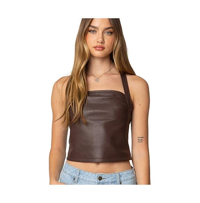 Edikted Womens Draped Faux Leather Halter Top
