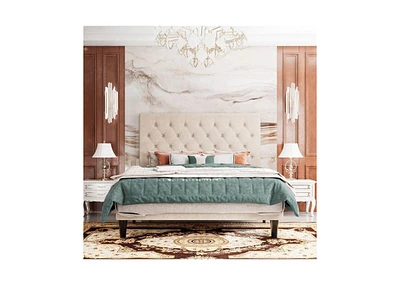 Linen Upholstered Platform Bed with Button-Tufted Headboard – Modern Frame Wood Slats, No Box Spring Needed