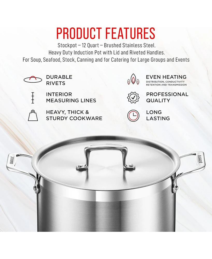 Stockpot – 12 Quart – Brushed Stainless Steel – Heavy Duty Induction Pot with Lid and Riveted Handles – For Soup, Seafood,