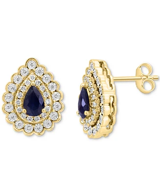 Effy Sapphire (7/8 ct. t.w.) & Diamond (3/8 ct. t.w.) Double Halo Pear Stud Earrings in 14k Two Tone Gold