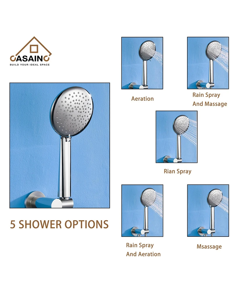 Casainc 3-Function Rainfall Complete Shower System with 5-Setting Handheld and Bath Spout
