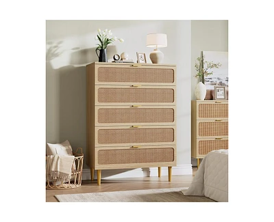 Rattan 5 Drawer Dresser for Bedroom, Tall Dresser with Deep Drawers, Large Chest of Drawers for Closet with Wide Top