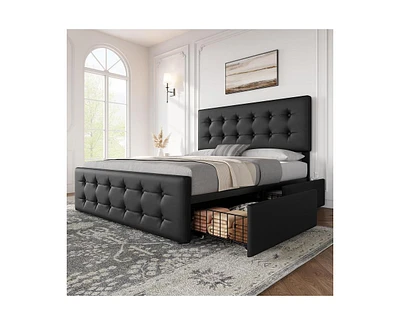 gaomon Queen Size Bed Frame with 4 Storage Drawers and Headboard, Faux Leather Upholstered Platform Bed Frame with Wooden Slats Support