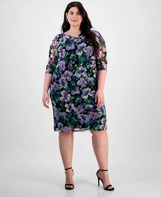 Connected Plus Size Printed Mesh 3/4-Sleeve Sheath Dress
