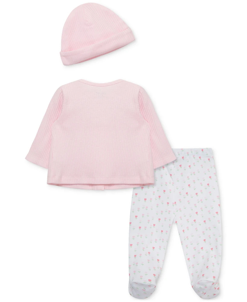 Little Me Baby Girls Tulips Cotton Cardigan, Hat & Footed Pants, 3 Piece Set