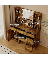 gaomon Led Lighted Vanity Desk With Mirror - Makeup Adjustable Brightness, Metal Drawers, And Open Shelves