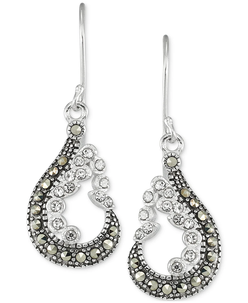 Marcasite & Crystal Pear-Shape Drop Earrings in Sterling Silver