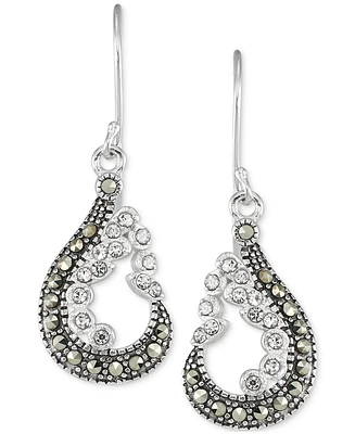 Marcasite & Crystal Pear-Shape Drop Earrings in Sterling Silver