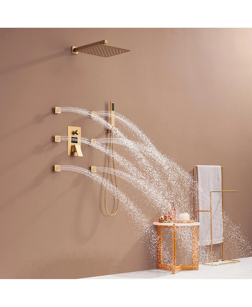 Brushed Gold Wall Mount Thermostatic Rain Shower System with Handheld Shower Shower System with Side Body Jets and Digital Display