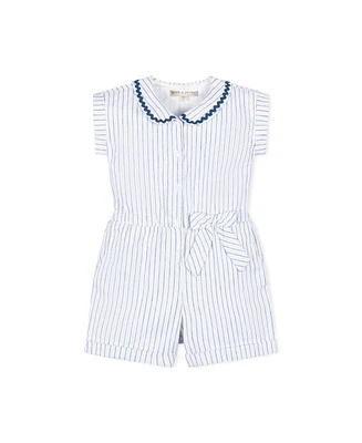 Hope & Henry Girls' Linen Peter Pan Collar Button Front Romper, Toddler
