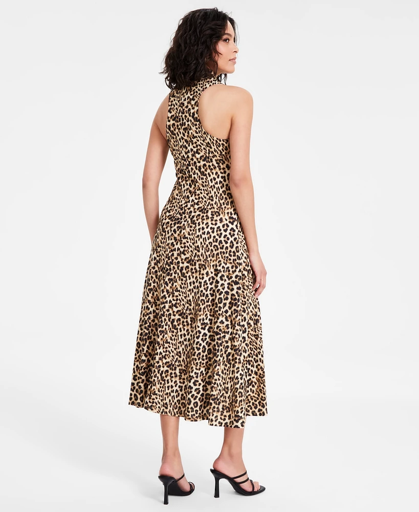 Bar Iii Women's Cheetah-Print Mock-Neck A-Line Midi Dress, Exclusively at Macy's