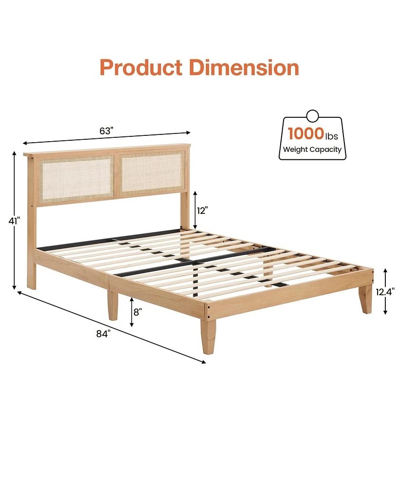 gaomon Queen Size Bed Frame with Natural Rattan Headboard & Integrated Led Lights