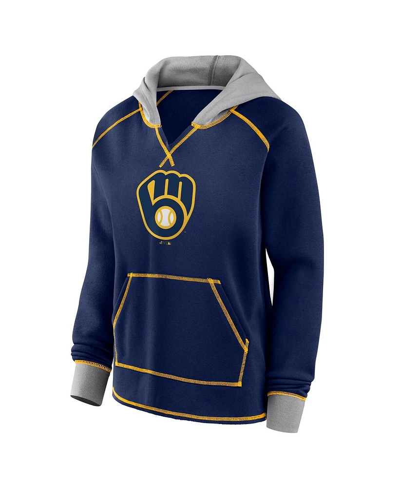 Fanatics Women's Navy Milwaukee Brewers Boom Fleece Pullover V-Neck Hoodie