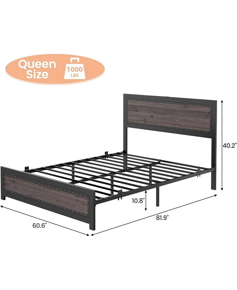 gaomon Queen Size Bed Frame with Headboard, Industrial Platform Bed Frame with Charging Station, No Box Spring Required, Easy to Assemble, Wooden Matt