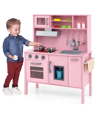 Kids Kitchen Playset Wooden Pretend Play Chef Toy with Microwave & Accessories