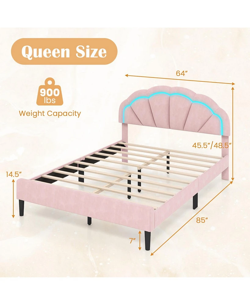 Queen Size Upholstered Led Bed Frame with Adjustable Flower Headboard and Metal Support Legs