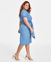 Nina Parker Trendy Plus Size Denim Ruched Tie-Front Dress
