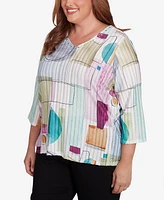 Alfred Dunner Plus Size Classic Geometric V-Neck Three Quarter Sleeves Top