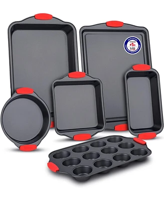 Baking Set – 6 Piece Kitchen Oven Bakeware Set – Deluxe Non-Stick Black Coating Inside and Outside – Carbon Steel – Red Si