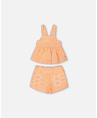 Deux par Big Girls Printed Terry Tank Top And Shorts Set Vibrant Orange White