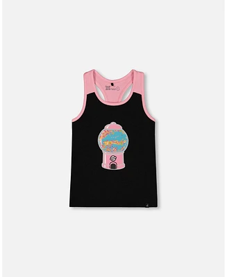 Deux par Deux Toddler Girls Organic Cotton Racerback Tank Top Black And Candy Machine - Toddler|Child