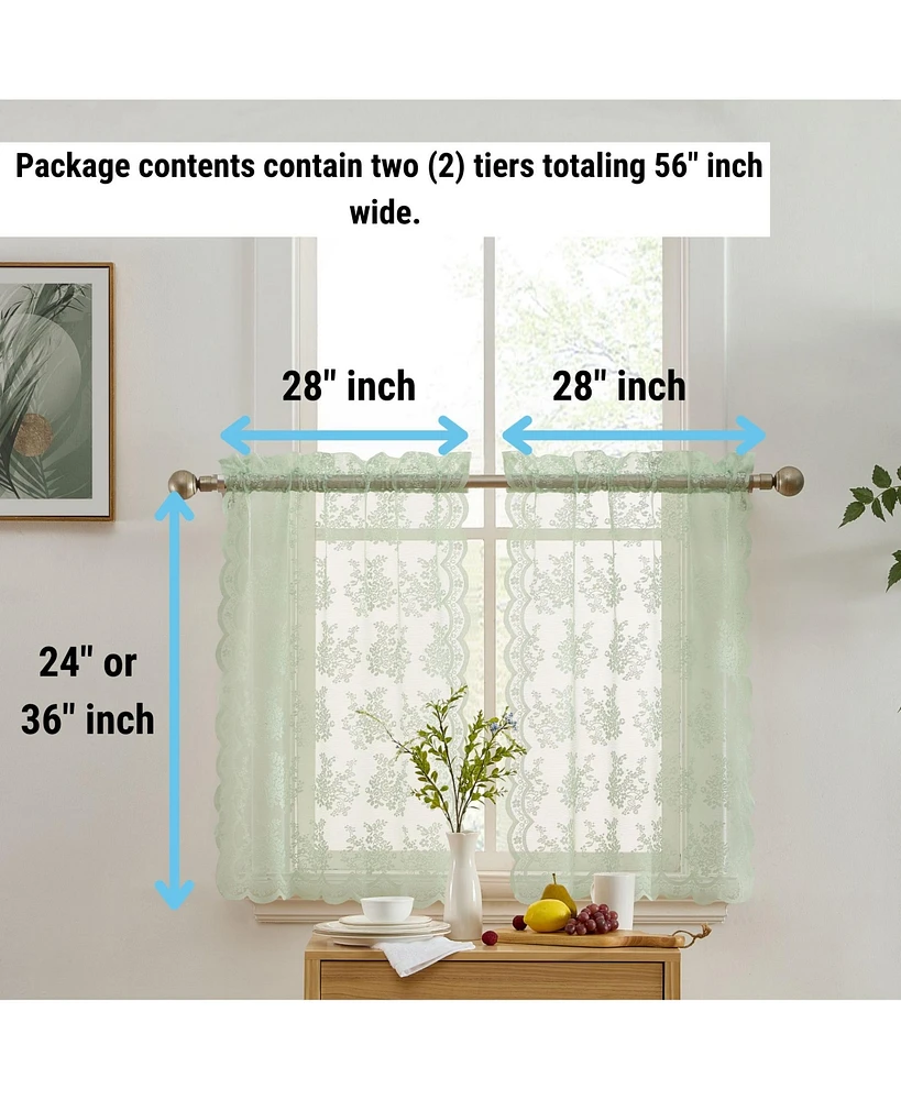 Hlc.me Jolene Floral Rod Pocket Lace Semi Sheer Voile Short Cafe Tiers for Small Windows - 28 x 24 Inch Length (Seafoam Green Tiers, Set of 2)