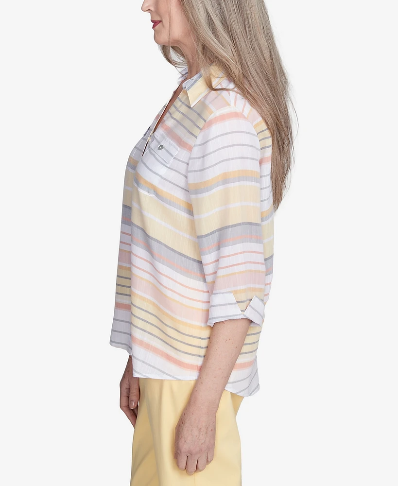 Alfred Dunner Women's Dress Code Button Down Striped Cuffed Sleeve Top