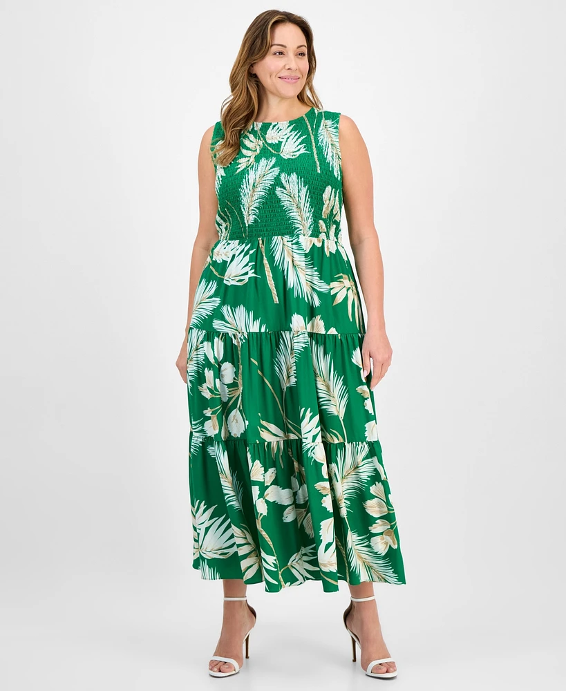 Anne Klein Plus Smocked-Bodice Sleeveless Dress