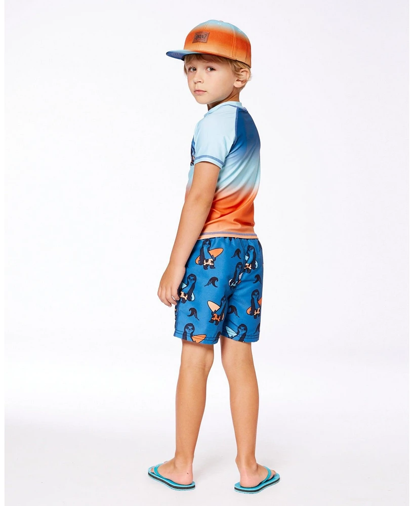 Deux par Deux Baby Boys Printed Swim Trunks Orange Sloths On Navy Blue