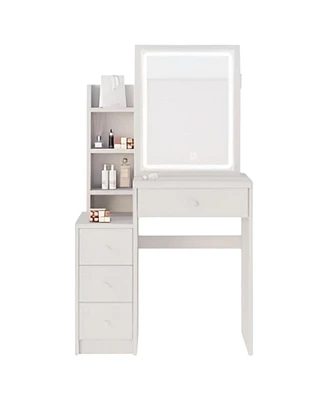 Small Left Bedside Vanity Table with Led Mirror and Cushioned Stool – Compact Makeup Station for Bedroom