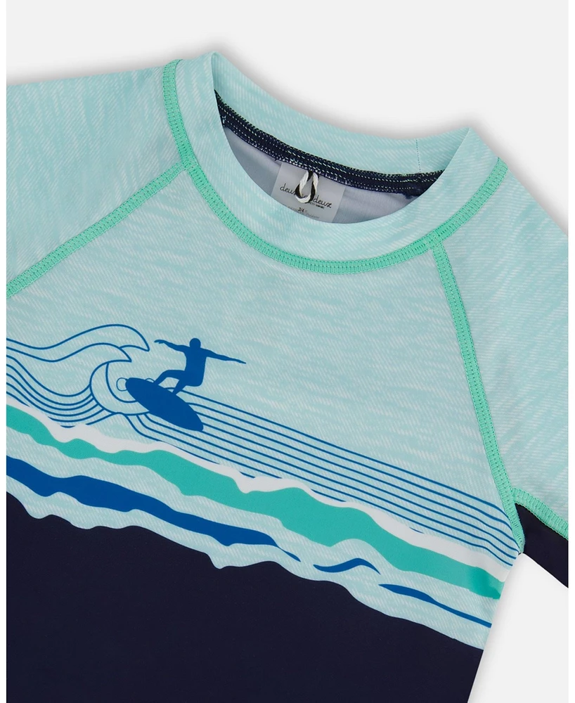 Deux par Deux Boys Long Sleeve Rashguard Navy Blue And Turquoise