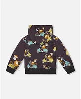 Deux par Deux Baby Boys Printed French Terry Hooded Full Zip Cardigan Sweatshirt Monkey On Navy Moped