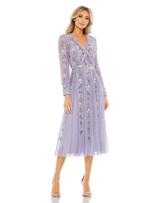 Mac Duggal Women's Long Sleeve Embroidered Wrap Midi Dress