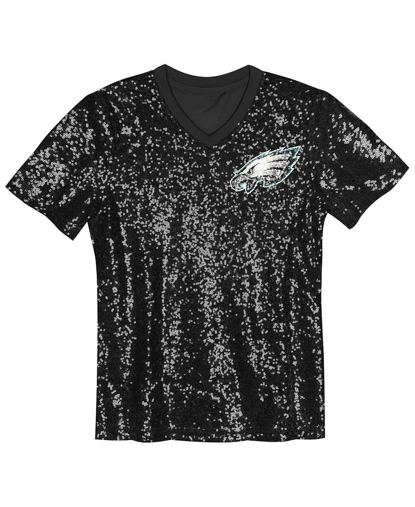 Outerstuff Big Girls Black Philadelphia Eagles Wordmark Sequin V-Neck Top