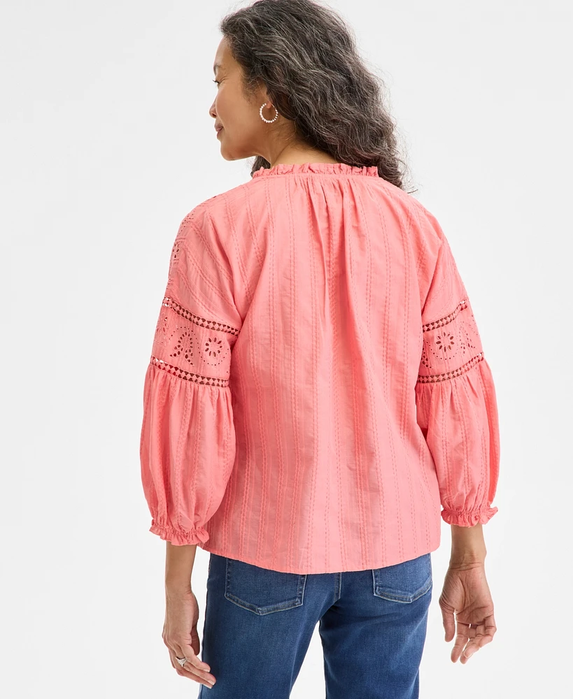 Style & Co Women's Cotton Embroidered 3/4-Sleeve Top