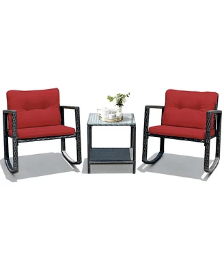Gymax 3PCS Rattan Rocking Chair Table Set Patio Furniture Set with Cushions