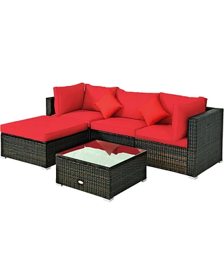Gymax 5PCS Rattan Sectional Sofa Set Patio Furniture Set w/ Red Cushion Pillow