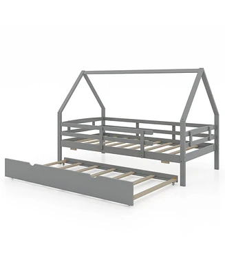 Wooden House Frame Bed with Trundle and Guard Rails for Toddlers or Kids