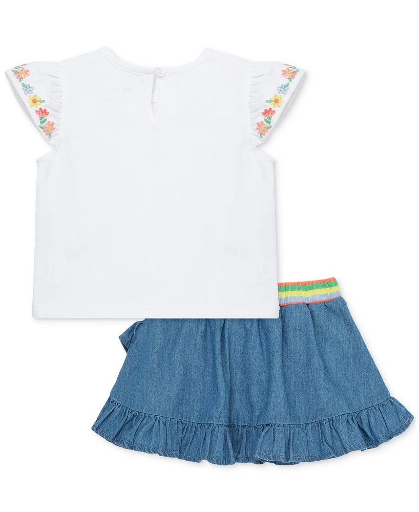 Little Me Baby Girls Embroidered Top & Chambray Skort Set