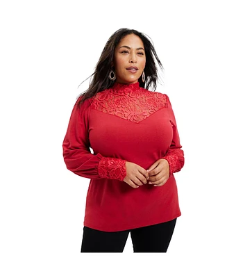 June + Vie Women's Lace Yoke Mockneck Top