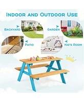 Kids Picnic Table Set Children Outdoor Wooden Table with Bench Seats Backyard