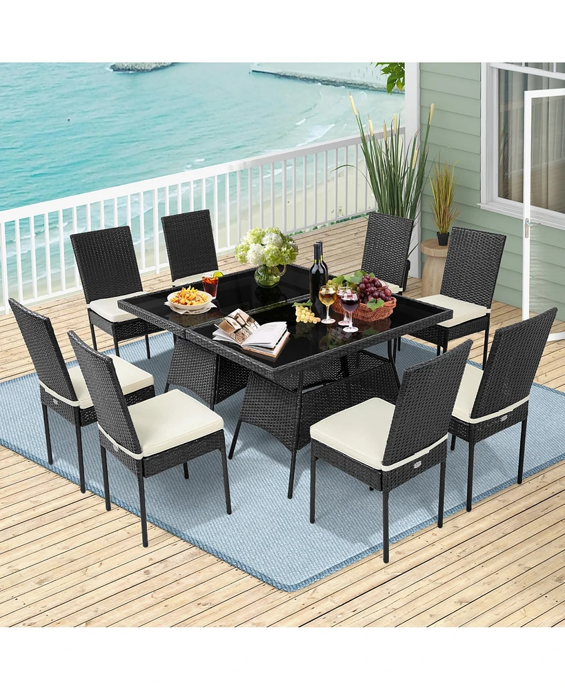 10PCS Patio Rattan Dining Set Cushioned Chair Table with Glass Top Garden Furniture