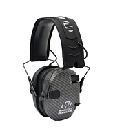 Walkers Razor Slim Electronic Muff (Carbon) Bundle with Walkie-Talkie Attachments Gel Filled Earpad Shooting Glasses and Microfiber Cleaning Cloths (1