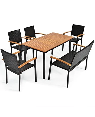 Gymax 6PCS Rattan Outdoor Dining Set Patio Furniture Set w/ Wooden Tabletop