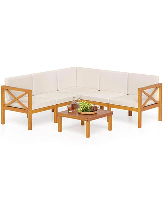 Gymax Set of 6 Acacia Wood Patio Furniture Set w/ Cushions & Coffee Table