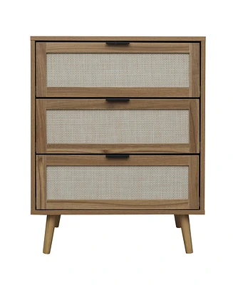 3 Drawer Storage Cabinet Rattan Dressers Chest of Drawers Entryway Cabinet Fluted Nightstand Bedside Table Dresser for Bedroom Living Room, Brown